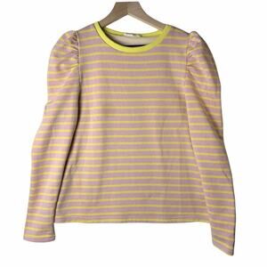 AnnieWear Los Angeles Striped Pullover Top Puff Sleeve Tan Yellow Stripe Women S